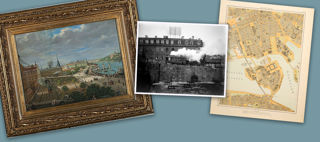 Collage med fotografi, målning och karta över Slussen
