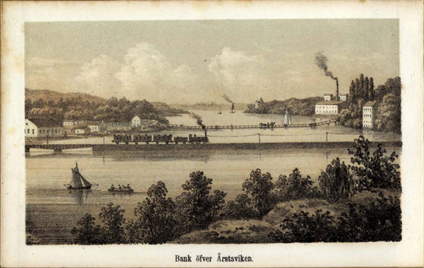 Kolorerad teckning av ånglok på tågbanken över Årstaviken, 1870