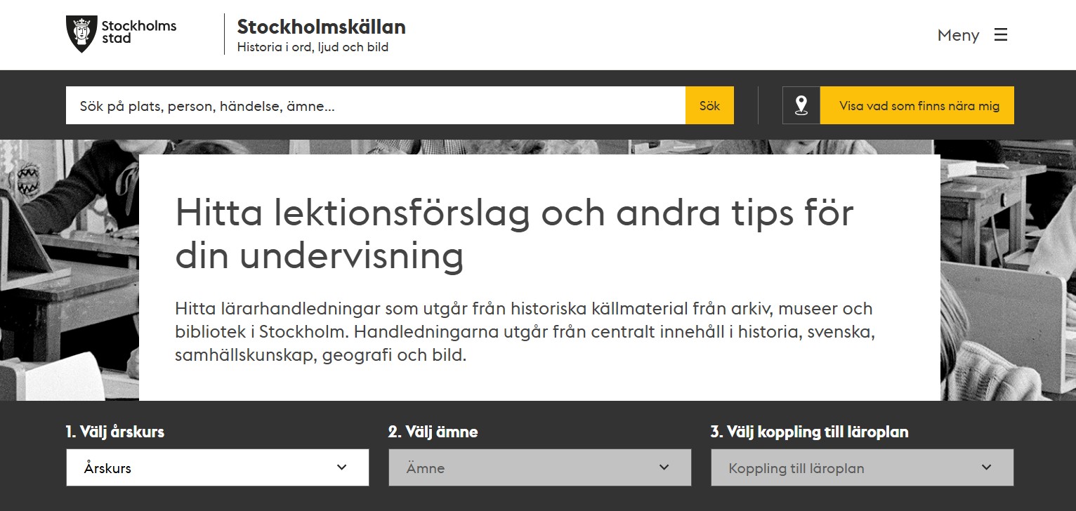 Bild som visar filtreringsfunktionen för Stockholmskällans lektionsförslag