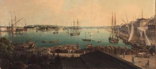 Målning över slussen, Stockholms inlopp, fartyg