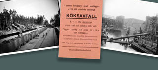 Montage med två svartvita fotografier och ett anslag på rött papper om att sortera köksavfallet.