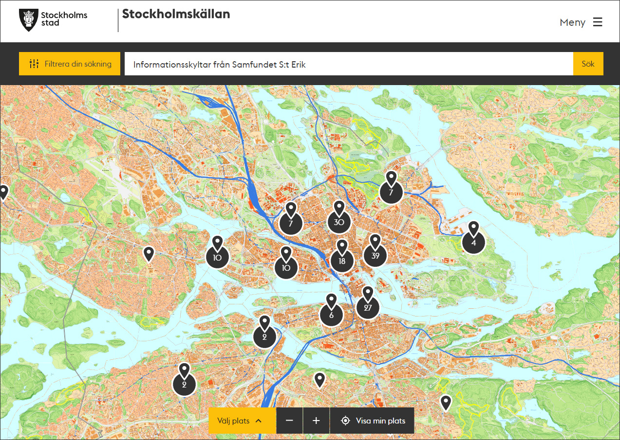 Karta över Stockholm med kartnålar som markerar olika platser