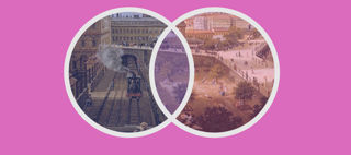Dekorativt kollage: Två överlappande cirklar med en målning i, mot rosa bakgrund.