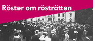 Folksamling framför Rosendals slott 1905 och ett rosa färgfält som täcker övre vänstra hörnet
