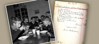 Pojkar äter soppa i skolmatsal, samt en handskriven måltidsmeny i skrivstil.
