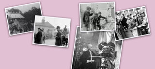 Collage med olika svartvita fotografier som visar människor i Stockholm för ungefär 100 år sedan.