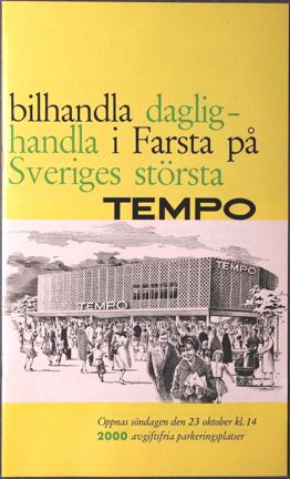 Tryckt folder med text och illustrationer med reklam för Tempo i Farsta centrum