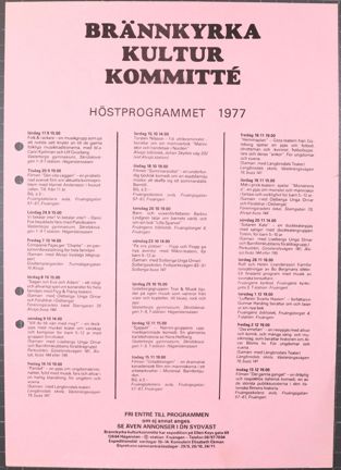 Rosa blad med Brännkyrka kulturkommittés höstprogram 1977