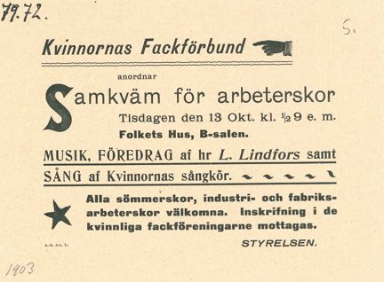 Mötesaffisch Kvinnornas fackförbund för kvinnliga arbeterskor 1903
