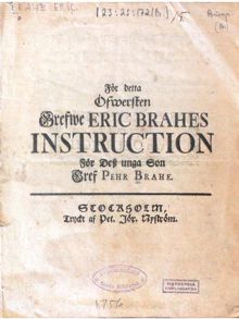 Den dödsdömde Eric Brahes instruktioner till sin son Pehr 1756