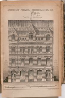 Stockholms Allmänna Telefonbolags nya hus – plansch i Teknisk Tidskrift 1887