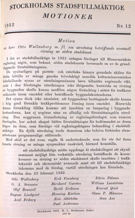 Förslag om att riva Södra Stadshuset vid Slussen - motion till stadsfullmäktige 1932