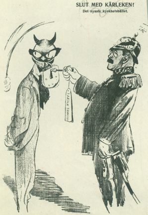 Hinke Bergegren porätterad som en svart djävul, med ett kyskhetsbälte över munnen som låses av en polisman med en nyckel märkt "Hinkes nyckel". På teckningen står skrivet "SLUT MED KÄRLEKEN! Det nya kyskhetsbältet".