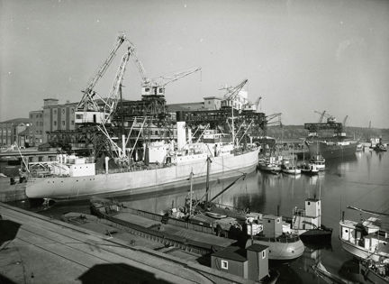 Svartvitt foto över kajverksamhet i Frihamnen, kranar, fartyg, båtar, magasinsbyggnader i bakgrunden