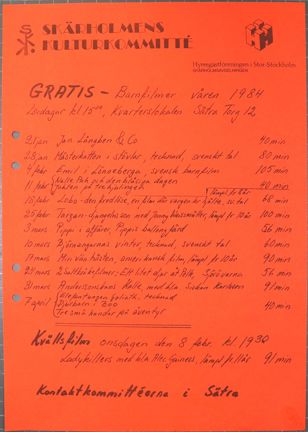 Rött blad med inbjudan till filmvisning för barn våren 1984