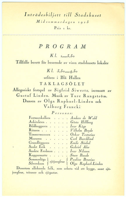 Program vid Stadshusets invigning midsommardagen 1923