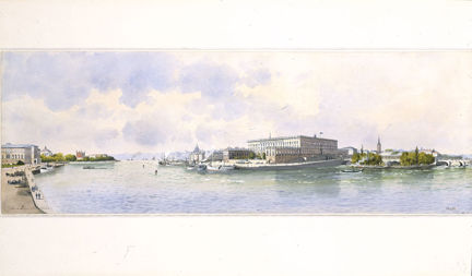 Utsikt mot Slottet i ett grönskande Stockholm 1893.