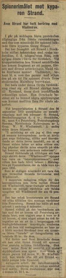 Tidningsnotis om spionmisstänkta kyparen Per Gustaf Bertrand Strand