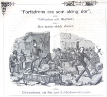 ”Förfädrens ära som aldrig dör”. Bildskämt om den nya Riddarhusordningen i Söndags-Nisse – Illustreradt Veckoblad för Skämt, Humor och Satir, nr 16, den 22 april 1866