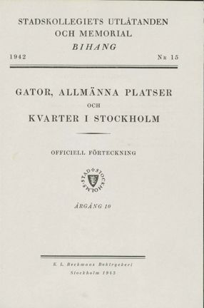 Framsida till Bihang 15, Stadskollegiets utlåtanden och memorial år 1942