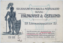 Reklamtryck. Palmqvist & Östlund. Stockholms nya bleck- & Plåtslageribolag