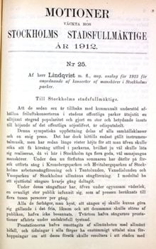 Motion om anslag för anordnande av konserter av manskörer i Stockholms parker - Stadsfullmäktige 1912
