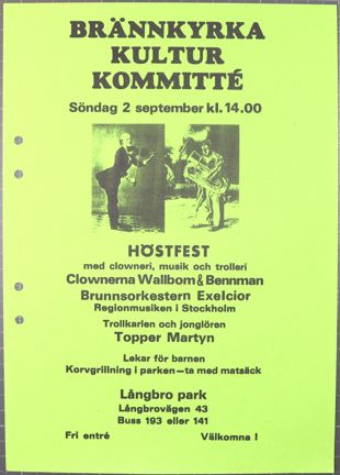 Grönt blad med inbjudan till höstfest från Brännkyrka kulturkommitté
