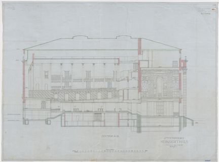Tecknad i tusch på grå vaxad väv (transparent väv för ritningar), med valda konstruktioner i akvarellfärg
