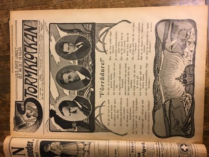 Tidningen Stormklockan 1 april 1916, dikt av Ture Nerman under fotografier av de landsförräderianklagade Erik Hedén, Zeth Höglund och Ivan Oljelund.