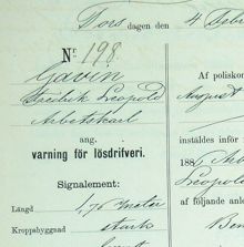 Arbetskarlen Fredrik Leopold Gavin varnad för lösdriveri 4 februari 1886 - polisförhör