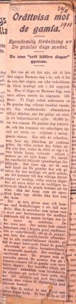 Tidningsurklipp om orätt fördelning av pengar till äldre behövande
