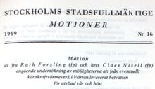 Motion angående undersökning av möjligheterna att från eventuellt kärnkraftvärmeverk i Värtan leverera hetvatten för utebad vår och höst - Stadsfullmäktige 1969
