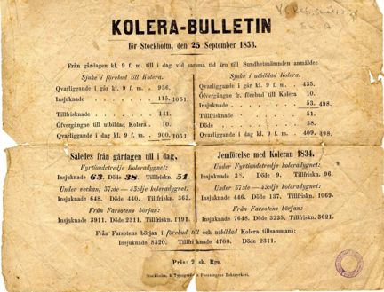 Kolera-bulletin för Stockholm, den 25 september 1853 ; Cholera-bulletin för Thorsdagen den 13 Oktober 1853 (Sextiondeförsta Choleradygnet.)