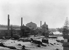 Stockholms gasverk i Hjorthagen. I bakgrunden gasklocka