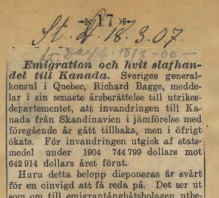 Emigration och vit slavhandel till Kanada, ur Stockholms Dagblad 1907.