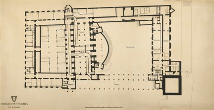  Ritning i stort format av stadshuset, plan av källaren, i tusch på gulnat papper