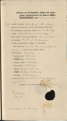 August Strindberg - avgångsintyg med omdömen från Klara lägre elementarläroverk 1860