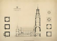 Ritning "Stockholms stadshus. Längdsektion genom Östra längan. Planer av tornet." (uppmätningsritning 1923)