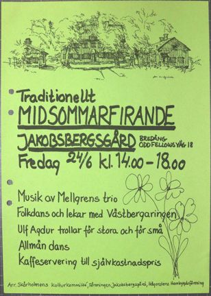 Grönt blad med inbjudan till midsommarfirande från bland annat Skärholmens kulturkommitté