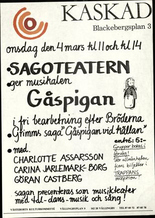 Handskriven inbjudan till barnteater från Västerorts kulturkommitté