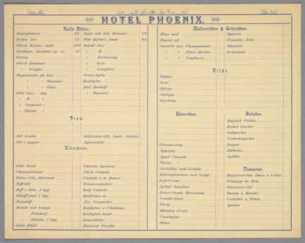 Matsedel från Hotel Phoenix, 1800-tal