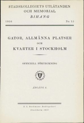 Framsida till Bihang 15, Stadskollegiets utlåtanden och memorial år 1936