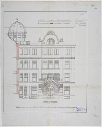 Fasad mot gården tecknad i tusch på grå vaxad väv (transparent ritningsväv), med konstruktionsdetaljer i röd akvarell