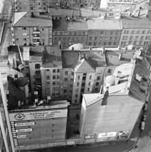 Utsikt från Skattehuset mot väster över kv. Passaren och Mallen. Fågelperspektiv