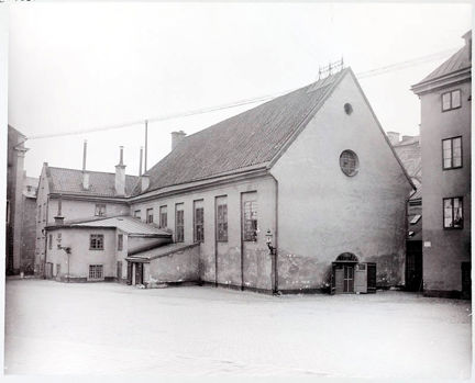 Svartvit bild på Finska kyrkan mot sydost