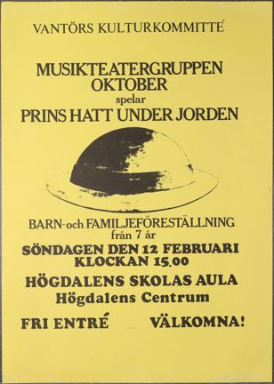 Gult blad med inbjudan till teaterpjäs från Vantörs kulturkommitté