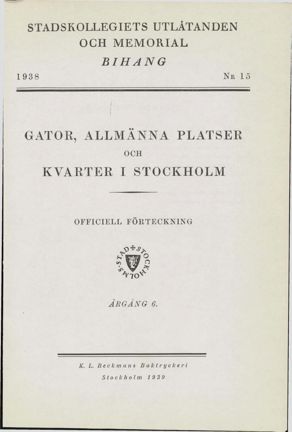 Framsida till Bihang 15, Stadskollegiets utlåtanden och memorial år 1938