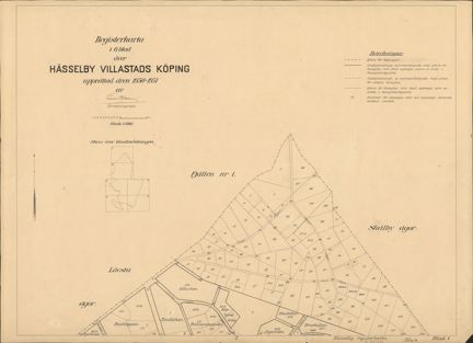 Första bladet av 6, med gränser, kvartersnamn, tomtnummer i svart tryck på papper. Bladet innehåller även bladindelning och beskrivning av beteckningar. Pappret är gulnat.