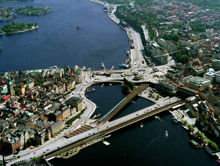 Flygfoto över Gamla stan, Söderleden och Slussen