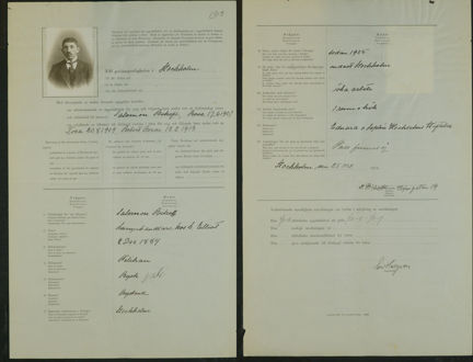 Dokument och fotografi med uppgifter om Salomon Bikoff som ansöker om uppehållsbok år 1918. 